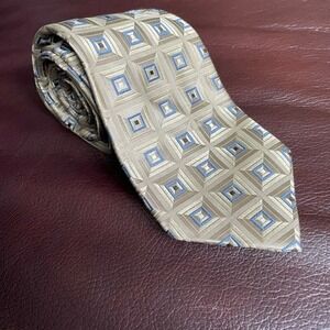 Paul Dione Mens Silk Tie Gold Tan Blue‎ Geometric Square Pattern Professional